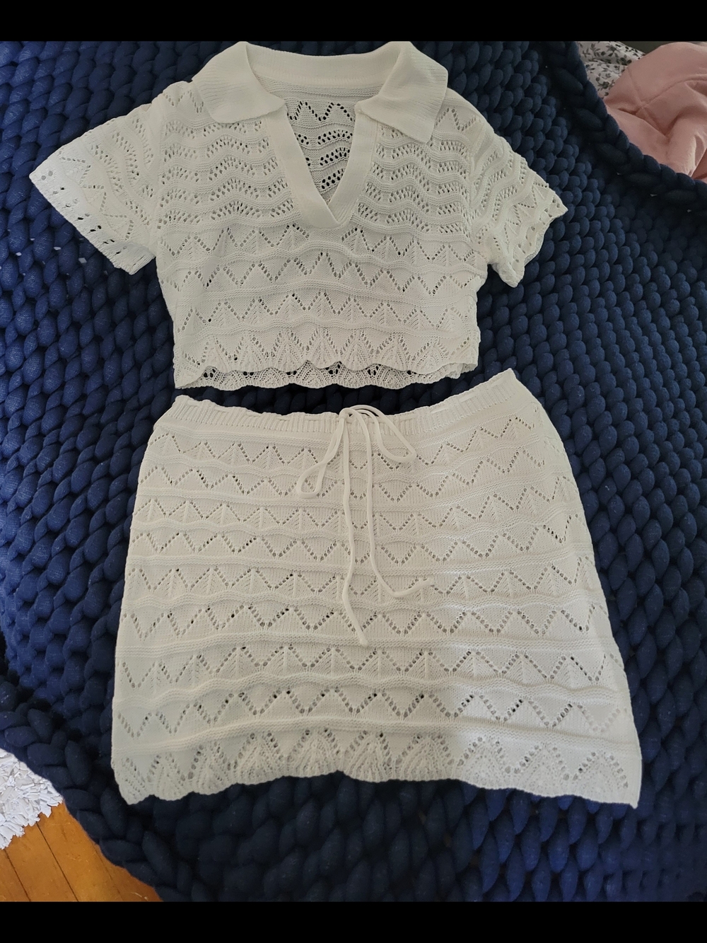 White Crocheted Two-Piece Set - Short Sleeve Top & Skirt/Swim Cover Up